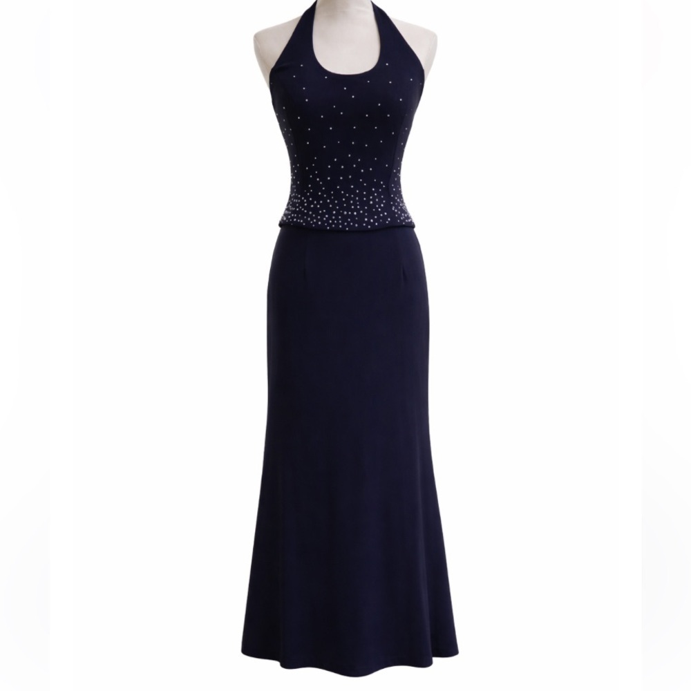 Vintage Scott McClintock Millennium 2000 Navy Rhinestone Halter Gown Petite 8
